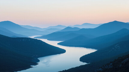 Poster - calm river winds through picturesque valley surrounded by mountains, creating serene landscape at dusk