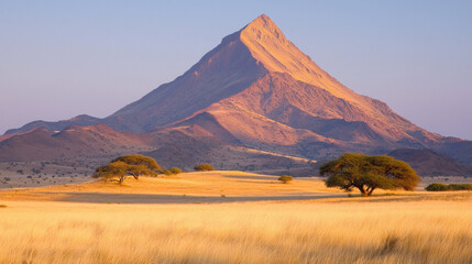 Poster - Majestic mountain towering over golden savanna landscape at sunset