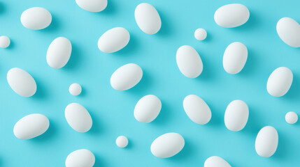 Poster - White eggs scattered on light blue background create clean and fresh look. This arrangement is perfect for various culinary or design themes