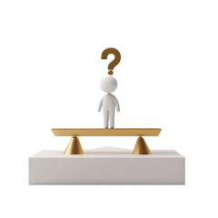 Poster - A white 3D figure stands on a golden balance beam with a gold question mark above its head, symbolizing uncertainty or decision-making.