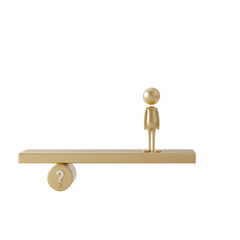 Poster - A gold 3D figure stands on a seesaw balanced by a question mark, symbolizing uncertainty or a decision.