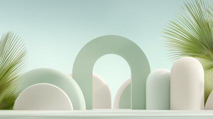 Aufkleber - Fresh and clean light gray and green gradient with abstract shapes and palm leaves