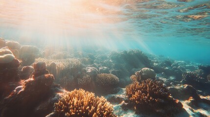 Wall Mural - Sunlit Coral Reef Underwater Scene Showing Vibrant Life