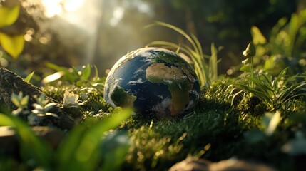 Small globe resting on green grass representing environmental awareness and global unity