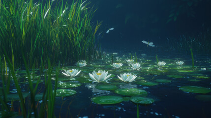 Poster - tranquil pond features lily pads and delicate dragonflies dancing above water surface, surrounded by lush greenery