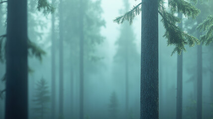 Poster - Misty forest landscape with tall trees and soft light filtering through