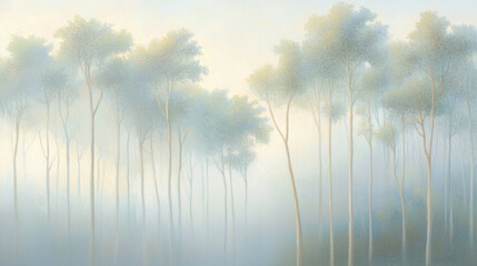Poster - Serene forest landscape with soft light filtering through trees, creating tranquil atmosphere