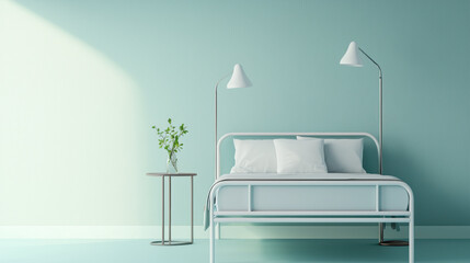 Poster - modern bedroom featuring soft blue wall, white bed, and stylish lamps, creating serene atmosphere