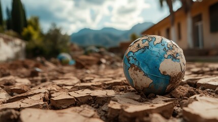 Poster - Small blue and white globe resting on a pile of rubble and debris in an outdoor setting