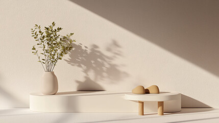 Poster - Minimalist design with soft pink backdrop, featuring vase with greenery and decorative objects