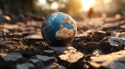 Poster - Small earth globe positioned on the ground with natural lighting and shadow effects
