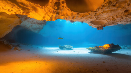Poster - Beneath surface, tranquil underwater cave glows with warm light, showcasing vibrant marine life and stunning rock formations