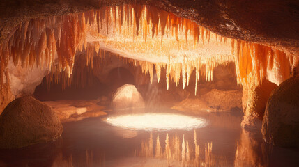 Poster - Softly lit cave with stalactites, reflecting light on water surface