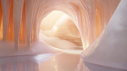 Poster - Softly lit cave with stalactites and serene water surface reflecting light