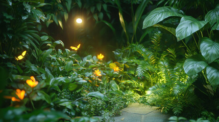 Poster - Softly lit garden with blooming flowers, lush greenery, and butterflies