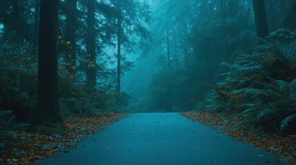 Poster - softly lit path winds through dense forest, surrounded by autumn leaves and mist. tranquil atmosphere invites exploration and reflection