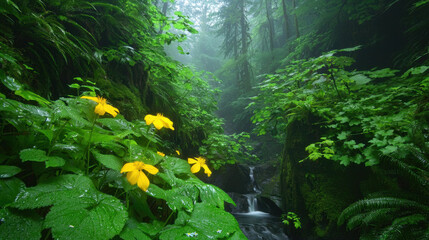 Poster - Lush green forest with yellow wildflowers and small stream flowing through