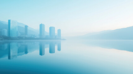 Poster - Tranquil fjord with steep cliffs, calm waters, and modern buildings reflecting