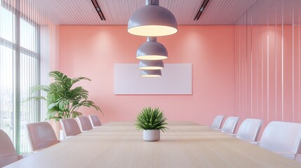 Poster - Modern Pink Conference Room With Wooden Table And Plants