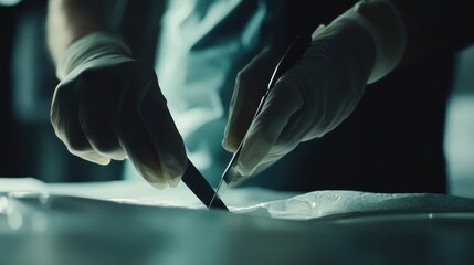 Poster - Gloved hands carefully use scalpels on a surface