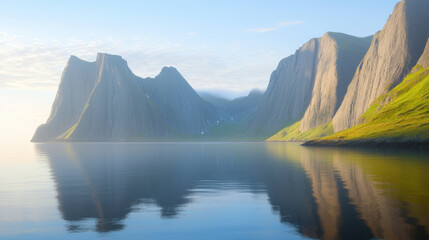 Poster - Tranquil fjord with steep cliffs and calm waters reflecting landscape