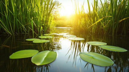 Poster - Tranquil pond with lily pads surrounded by tall reeds and sunlight