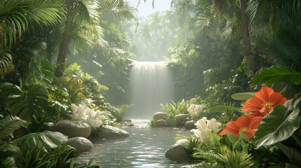 Poster - vibrant rainforest scene featuring lush greenery, exotic plants, and serene waterfall. tranquil atmosphere invites exploration and wonder