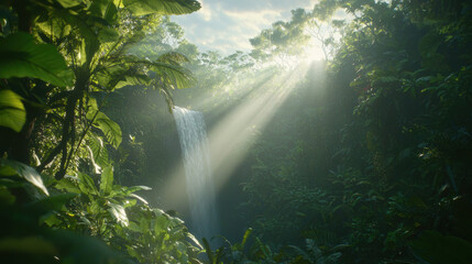 Poster - vibrant rainforest scene featuring waterfall surrounded by lush greenery and sunlight filtering through trees creates serene atmosphere