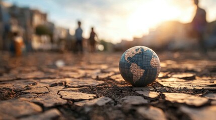 Poster - Small globe resting on the ground with grass and soil surrounding it