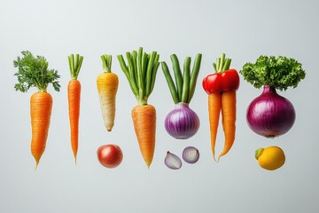 Canvas Print - Vibrant, healthy vegetables suspended against a light grey backdrop.  Carrots, onions, peppers, and more create a visually appealing, fresh food image.