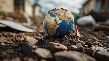 Poster - Small blue and white globe placed on the ground showcasing world map and geographical features