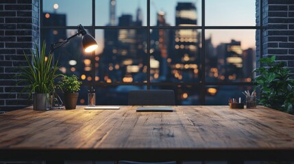 Poster - Empty Wooden Desk Night City View Office