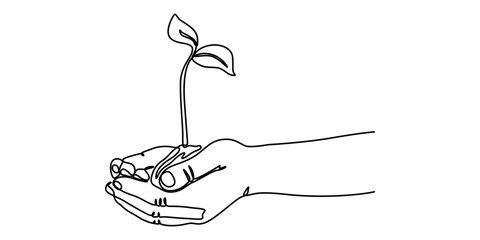 Fototapete - Hand hold leaves branch continuous line drawing. Plant in human arm one line art. Vector illustration isolated on white, Sprout in Hands Continuous Line Icon, Single continuous line of hands holding. 