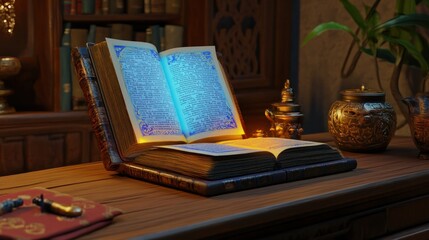 Poster - Ancient Illuminated Book Rests Open On Wooden Desk