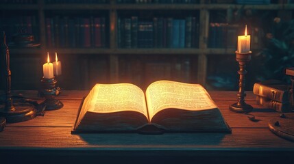 Poster - Ancient Book Illuminated by Candlelight in a Library