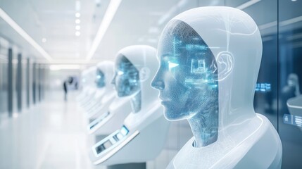 Poster - Row of futuristic android heads displayed in a modern setting