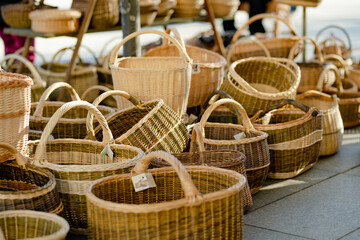 Wicker baskets of various sizes sold on Easter market in Vilnius. Annual fair held in March on the streets of capital of Lithuania.