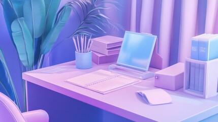 Poster - Pastel Desk Workspace With Plants And Books