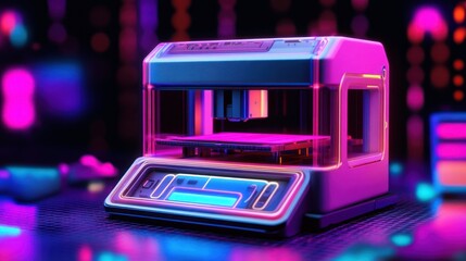 Poster - Futuristic 3D Printer in Neon Light Display