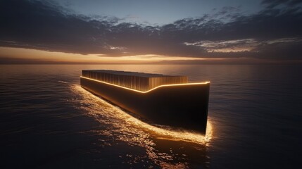 Poster - Black Cargo Ship Sailing Sunset Ocean Waters