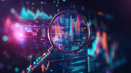 Poster - Magnifying Glass Enlarges Vibrant Stock Market Data Graphs