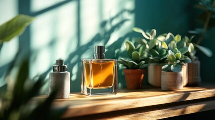 Poster - Golden Perfume Bottle With Plants On Wooden Shelf