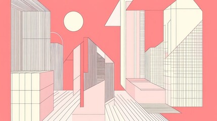 Poster - Abstract Geometric Architectural Design in Pink and White