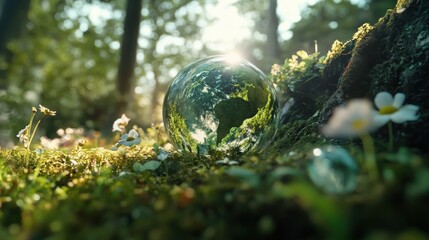 Poster - Glass sphere resting on mossy ground in a natural outdoor setting with soft lighting