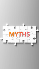 Poster - Myths complex like a puzzle - pictured as word myths on a puzzle pieces to show that myths is complex and needs cooperating pieces that fit together. ,3d illustration