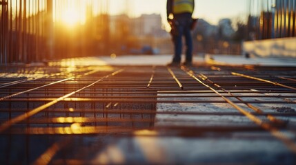 Poster - Construction Worker at Sunset Over Rebar Grid