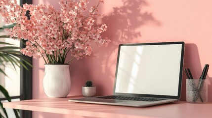 Poster - Pink flowers vase laptop and cactus decorate a pink desk