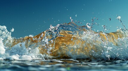 Poster - Clear water splashes energetically against a shimmering golden backdrop, reflecting the first light of day. The scene captures the rhythmic dance of waves, inviting tranquility and wonder