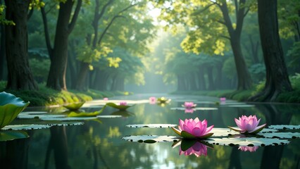 Wall Mural - A serene pond scene with a pink lotus flower and green leaves