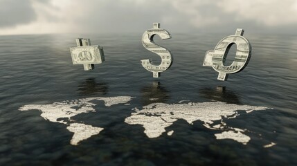 Poster - Global Currency Symbols Float Above World Map